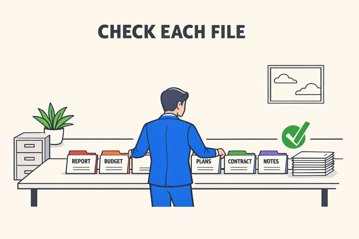 Professional organizing labeled documents on a desk with a green checkmark indicating completion