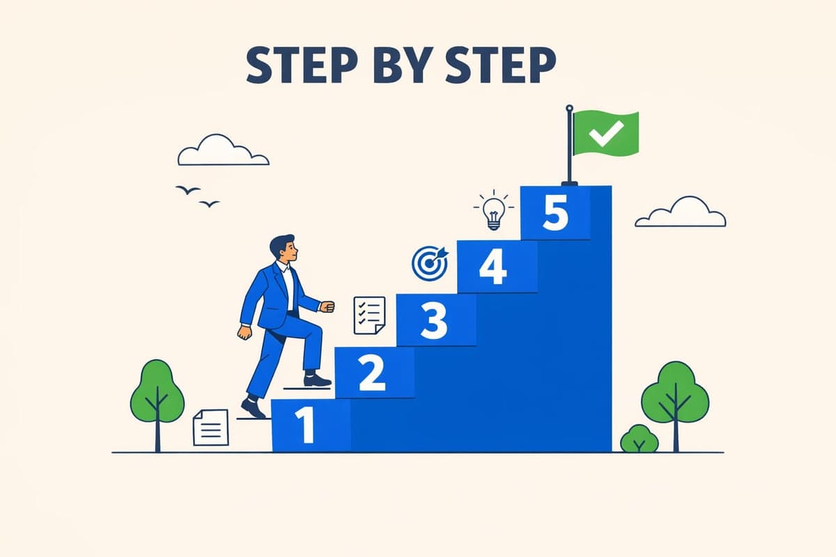 Person in blue suit climbing five numbered steps toward a green completion flag