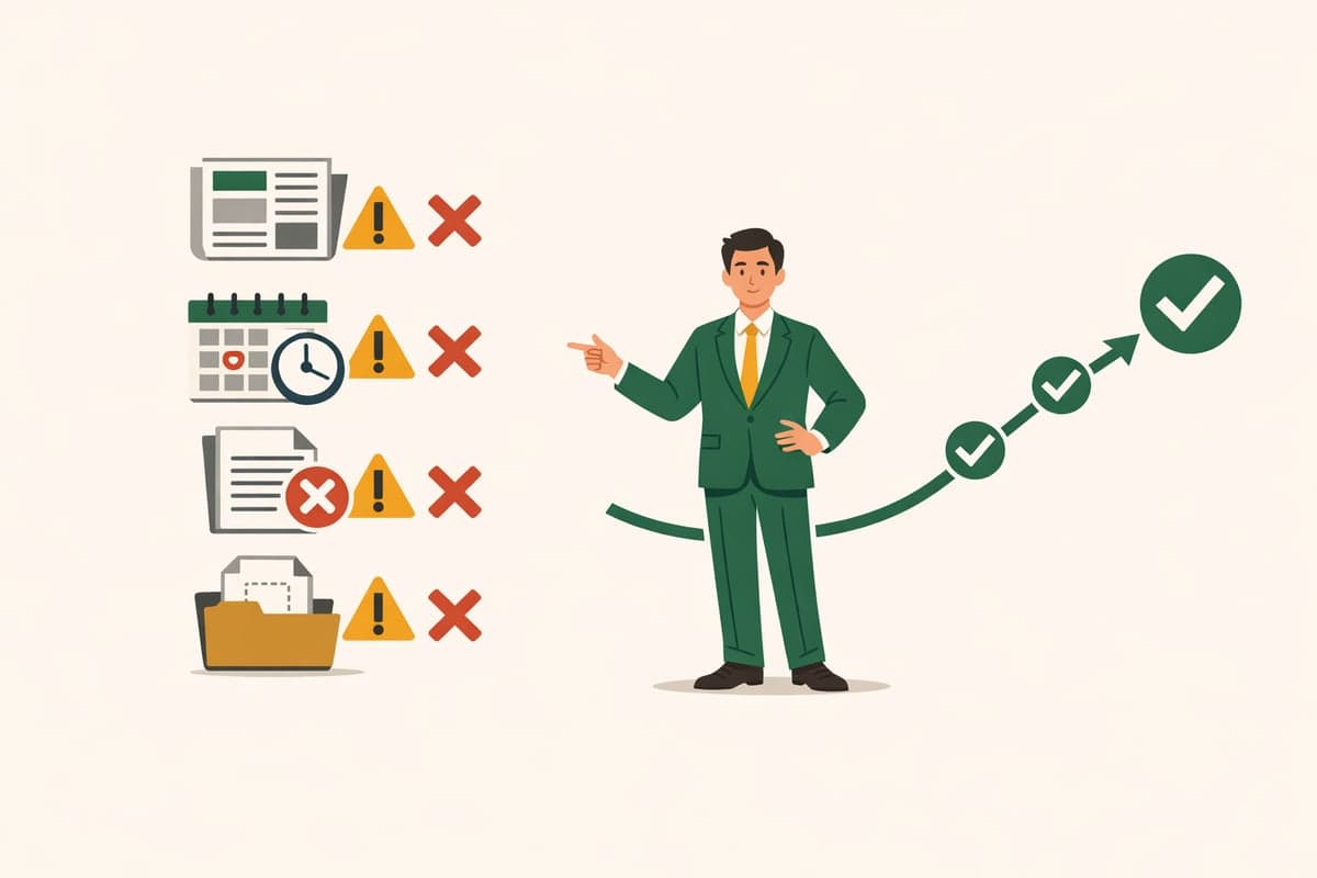 Illustration of warning signs and common mistake icons with a professional showing the correct path