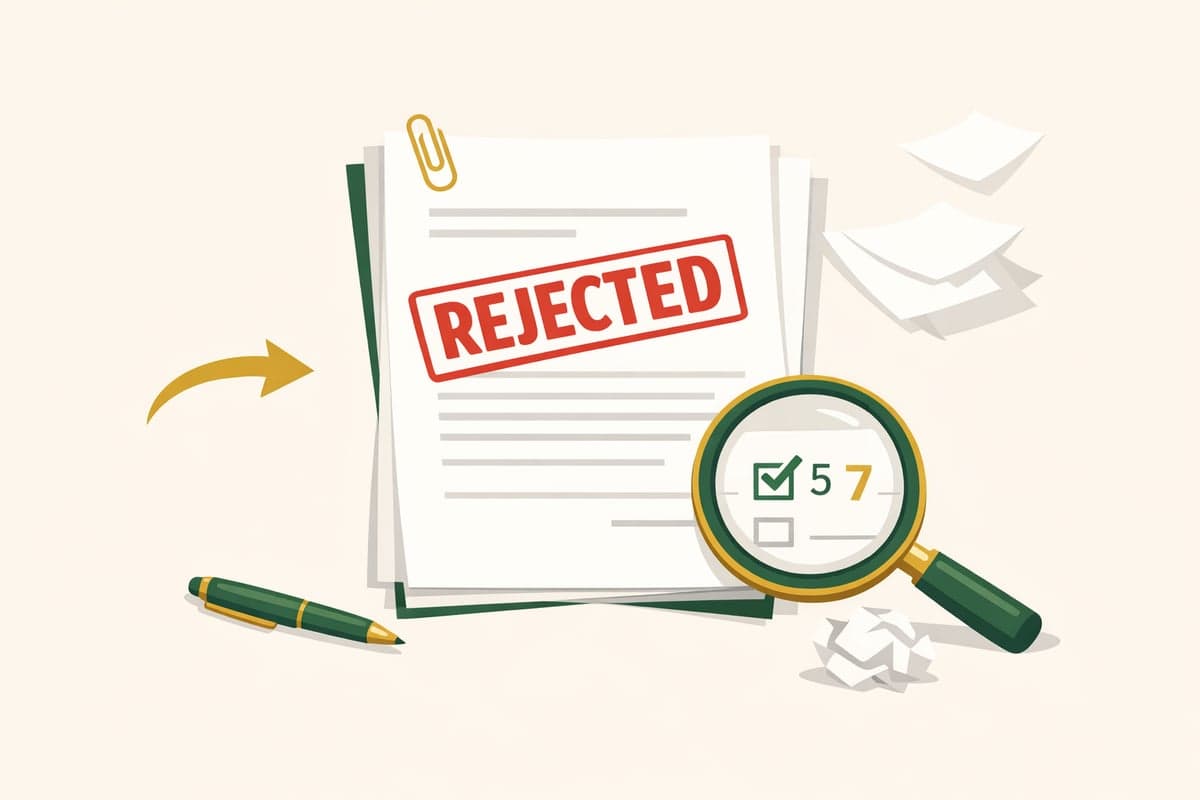 Illustration of a document with a rejection stamp and magnifying glass revealing an error