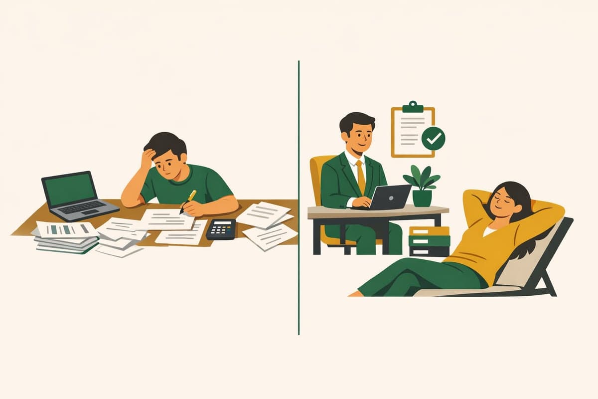 Split-screen illustration comparing DIY paperwork at a desk versus a professional handling the work