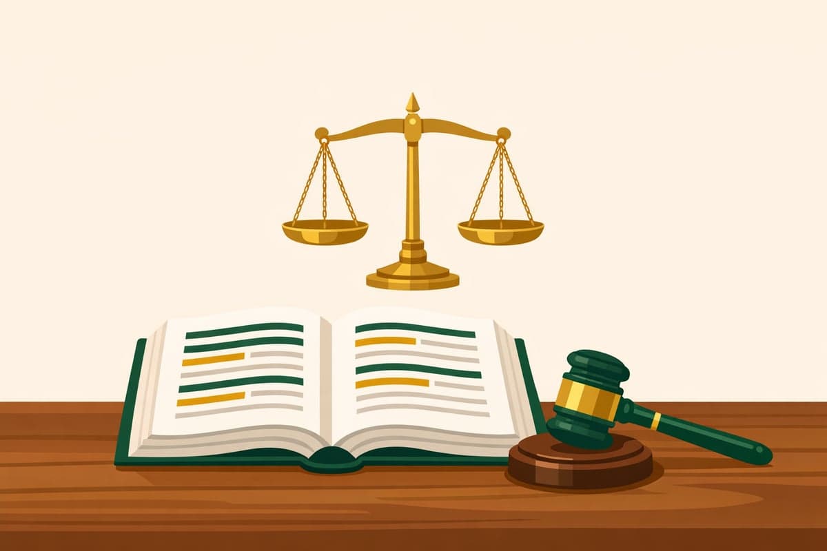 Illustration of an open law book with a gavel and scales of justice