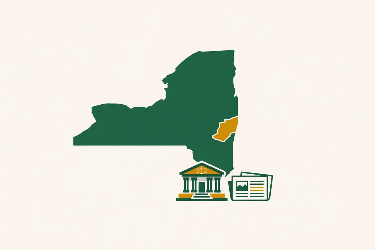 Map of New York state with Westchester County highlighted alongside courthouse and newspaper icons