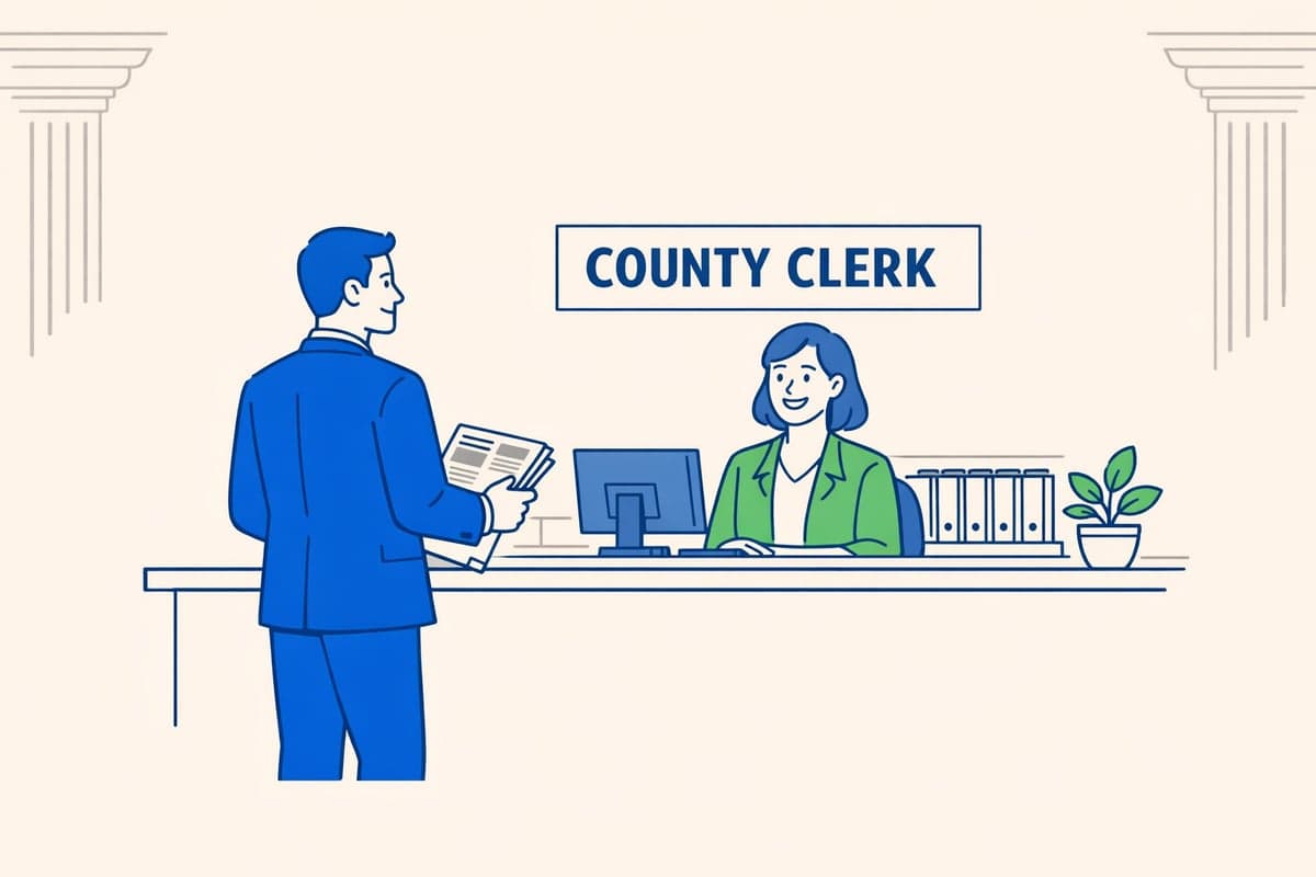 Illustration of a person in a blue suit at a county clerk's office counter with a newspaper and documents