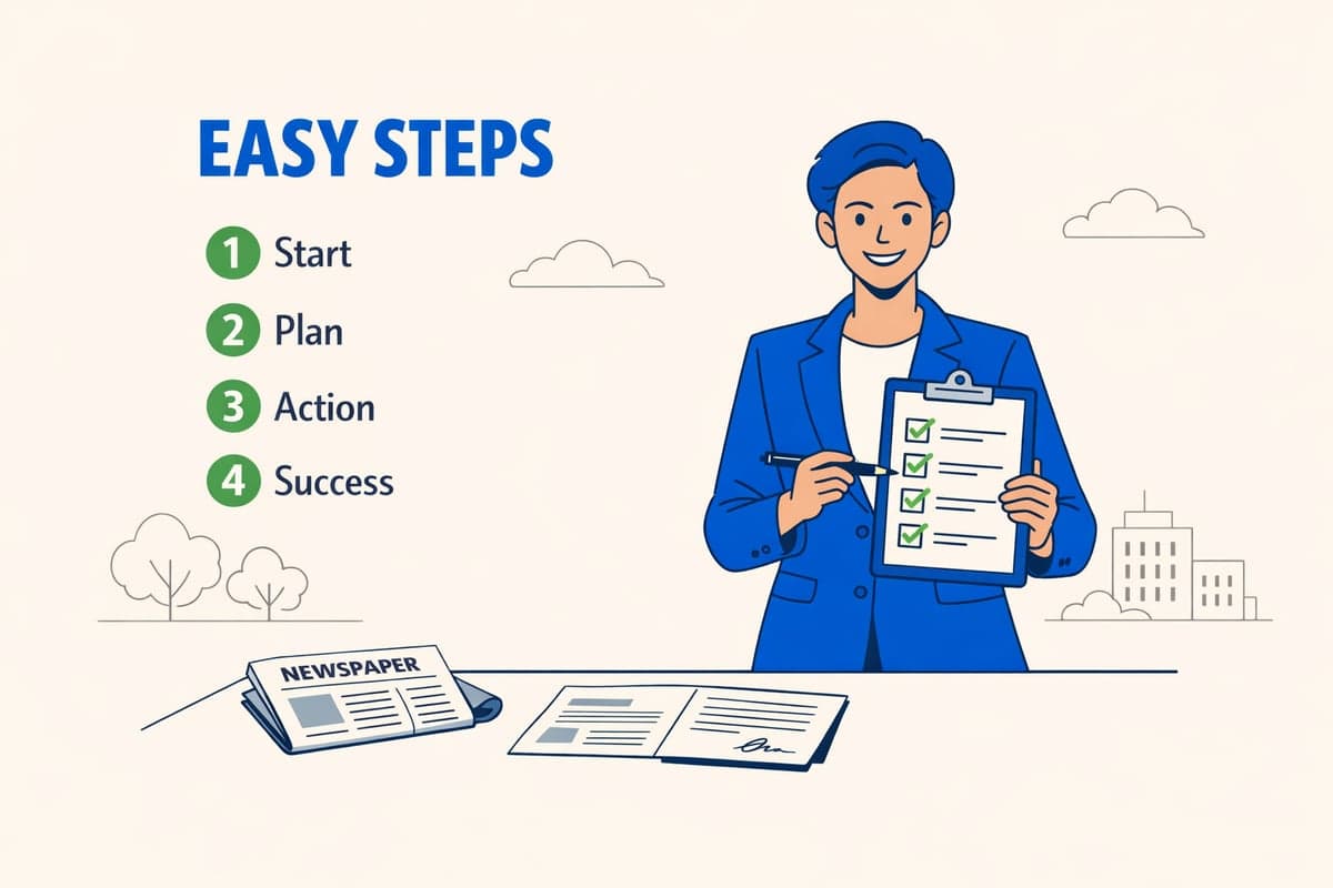 Illustration of a person in a blue suit reviewing a checklist with easy steps for LLC newspaper designation