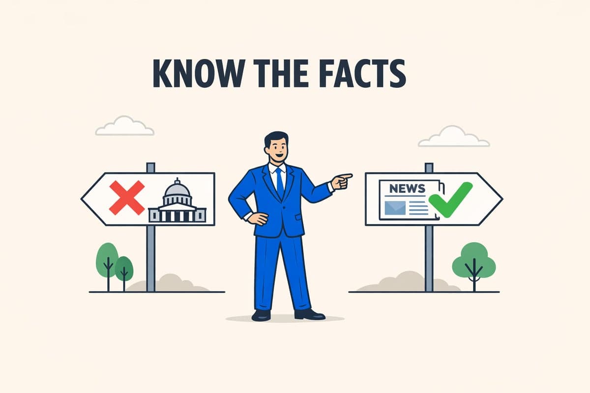 Illustration of a person in a blue suit pointing toward newspaper facts and away from common misconceptions