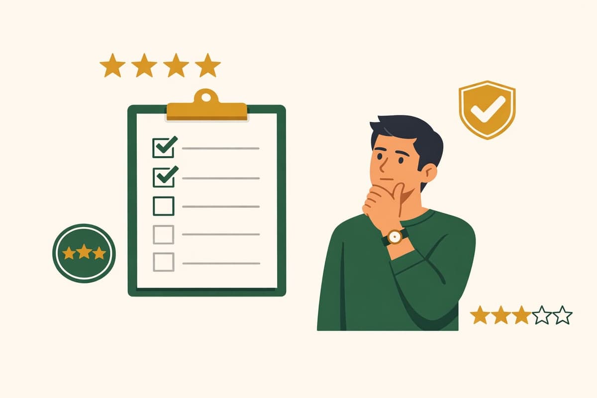 Checklist clipboard with service features being reviewed, with rating badges