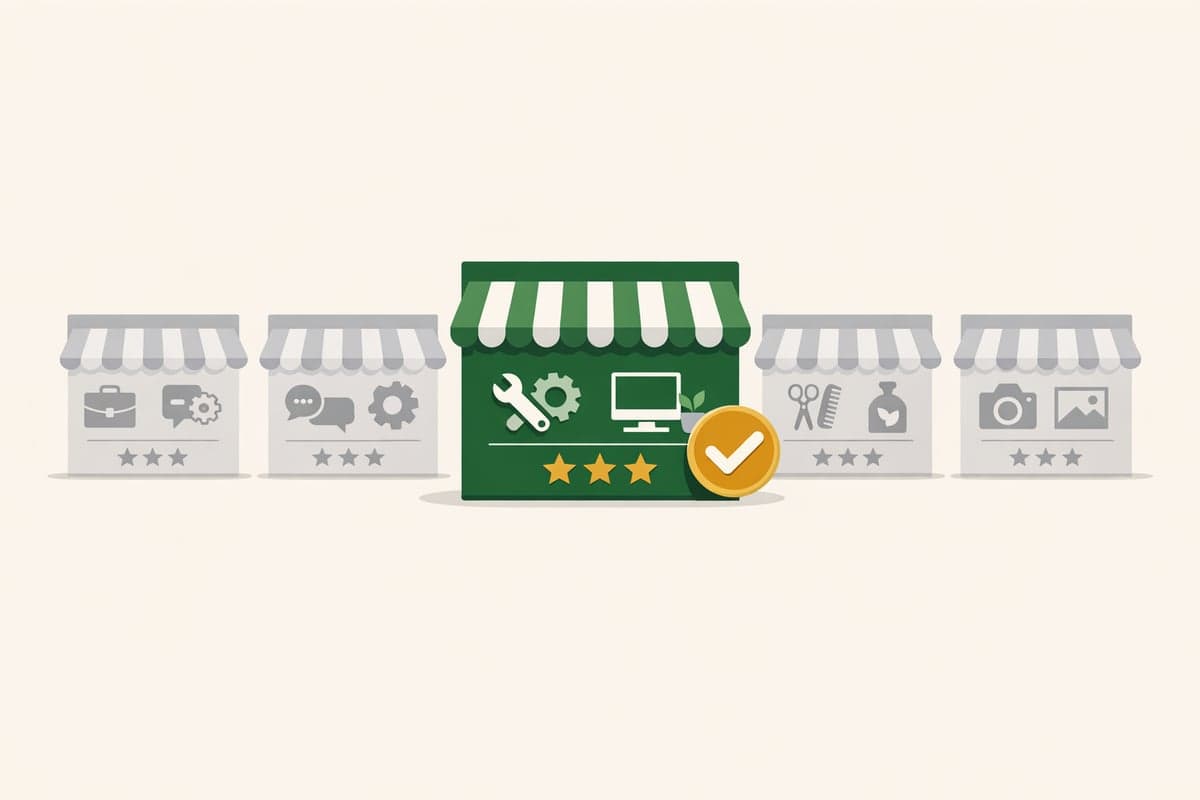 Illustration of multiple service provider options with one highlighted in green, representing choosing the best LLC publication service