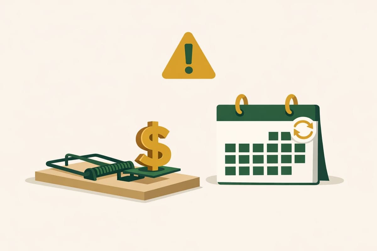 Illustration of a mousetrap with a dollar sign and recurring subscription calendar, warning about hidden fees