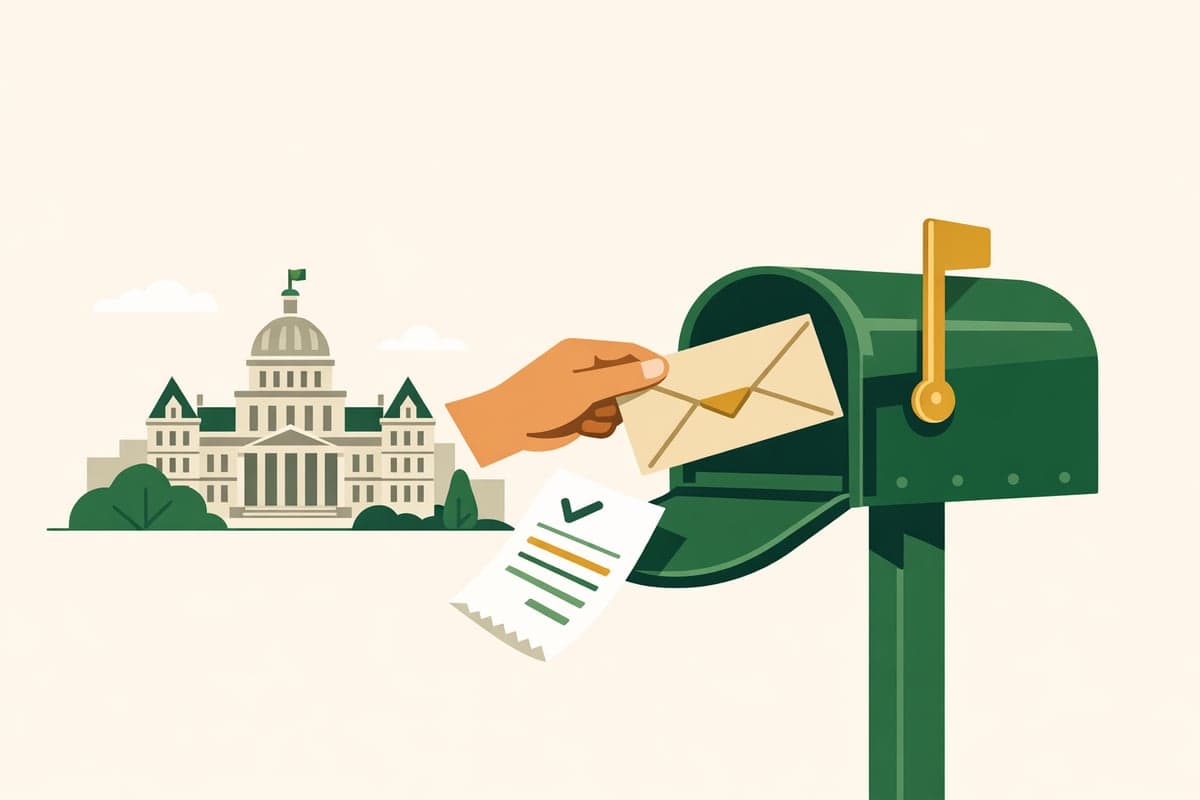 Illustration of a sealed envelope being placed in a mailbox with a government building in the distance