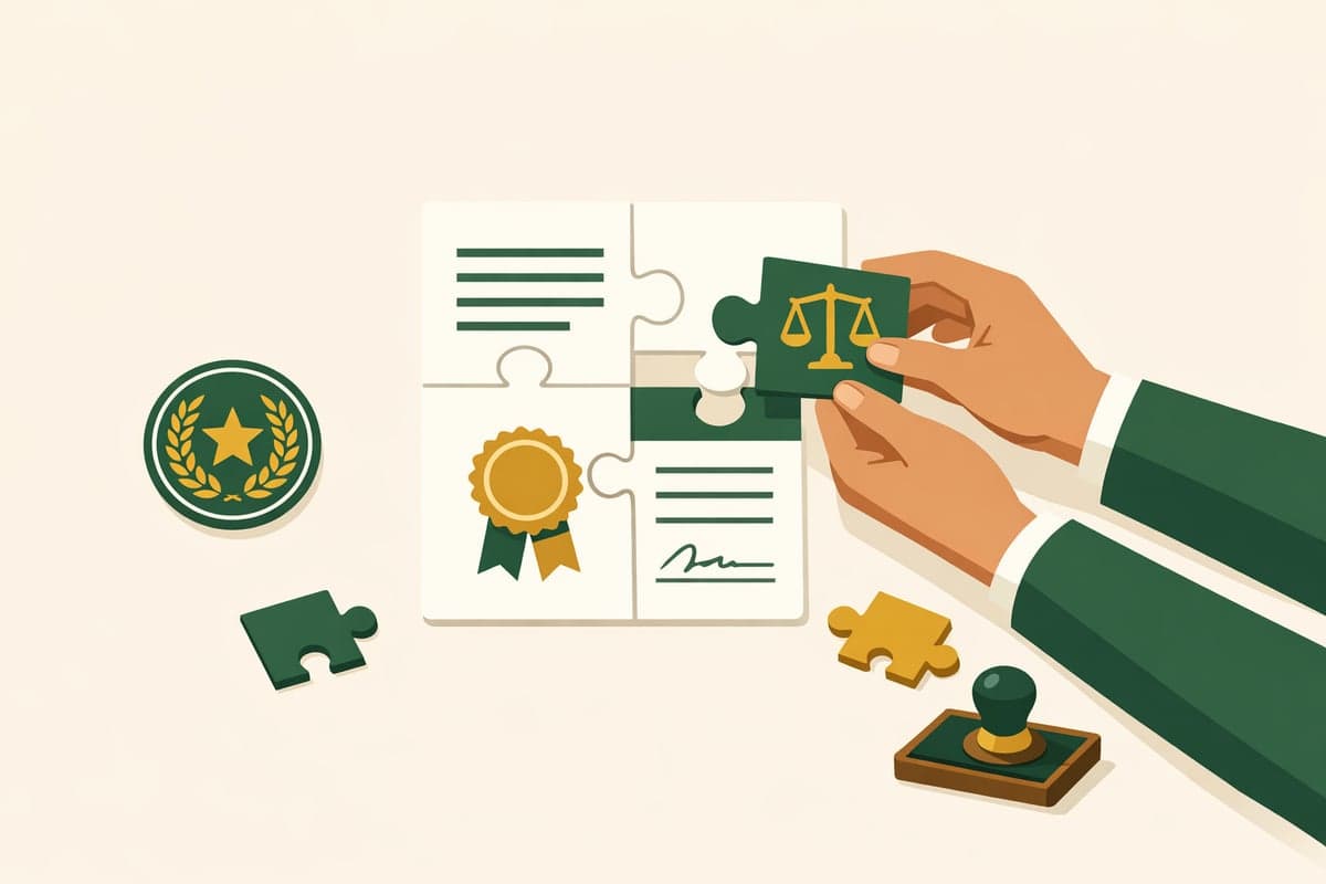 Illustration of a legal certificate being assembled like a puzzle with an official seal nearby