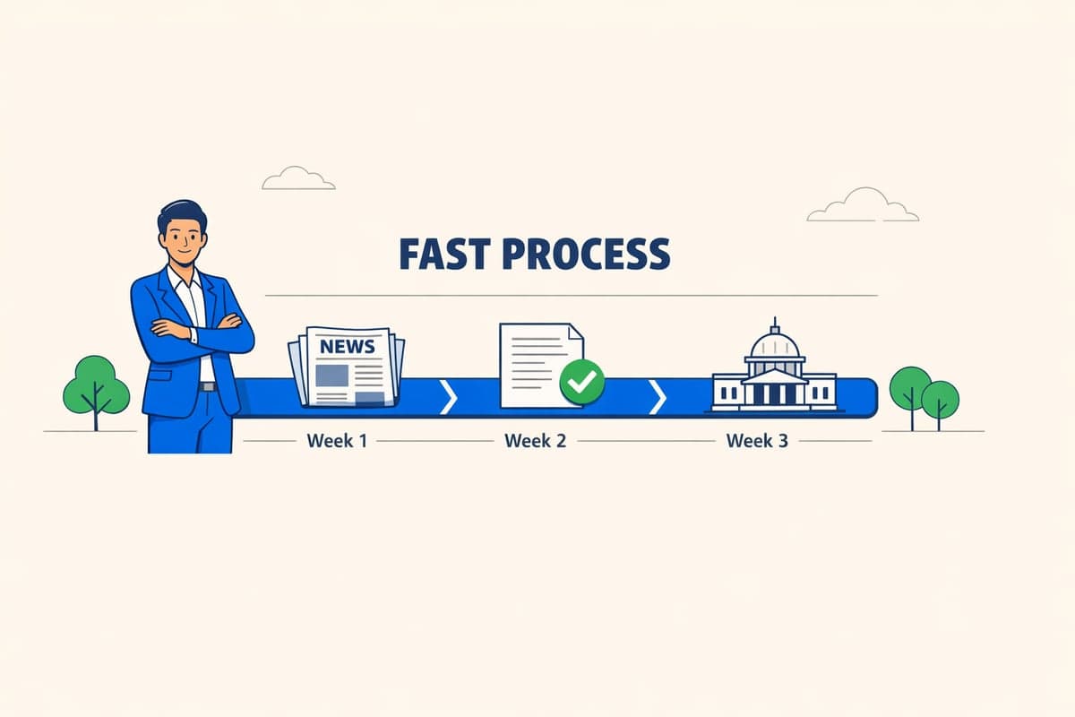 Timeline calendar showing the week-by-week progression of LLC publication in Westchester County