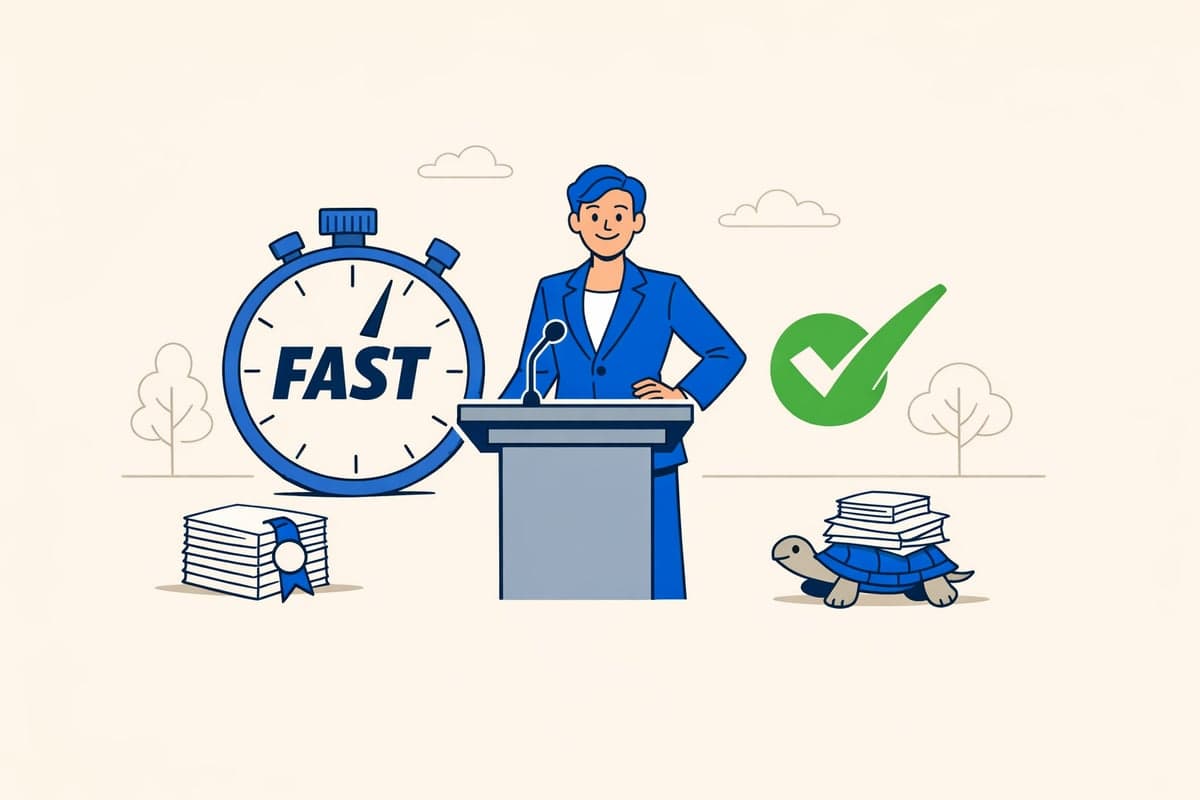 Specialist service completing LLC publication fast with a stopwatch and green checkmark, compared to a slow turtle carrying paperwork