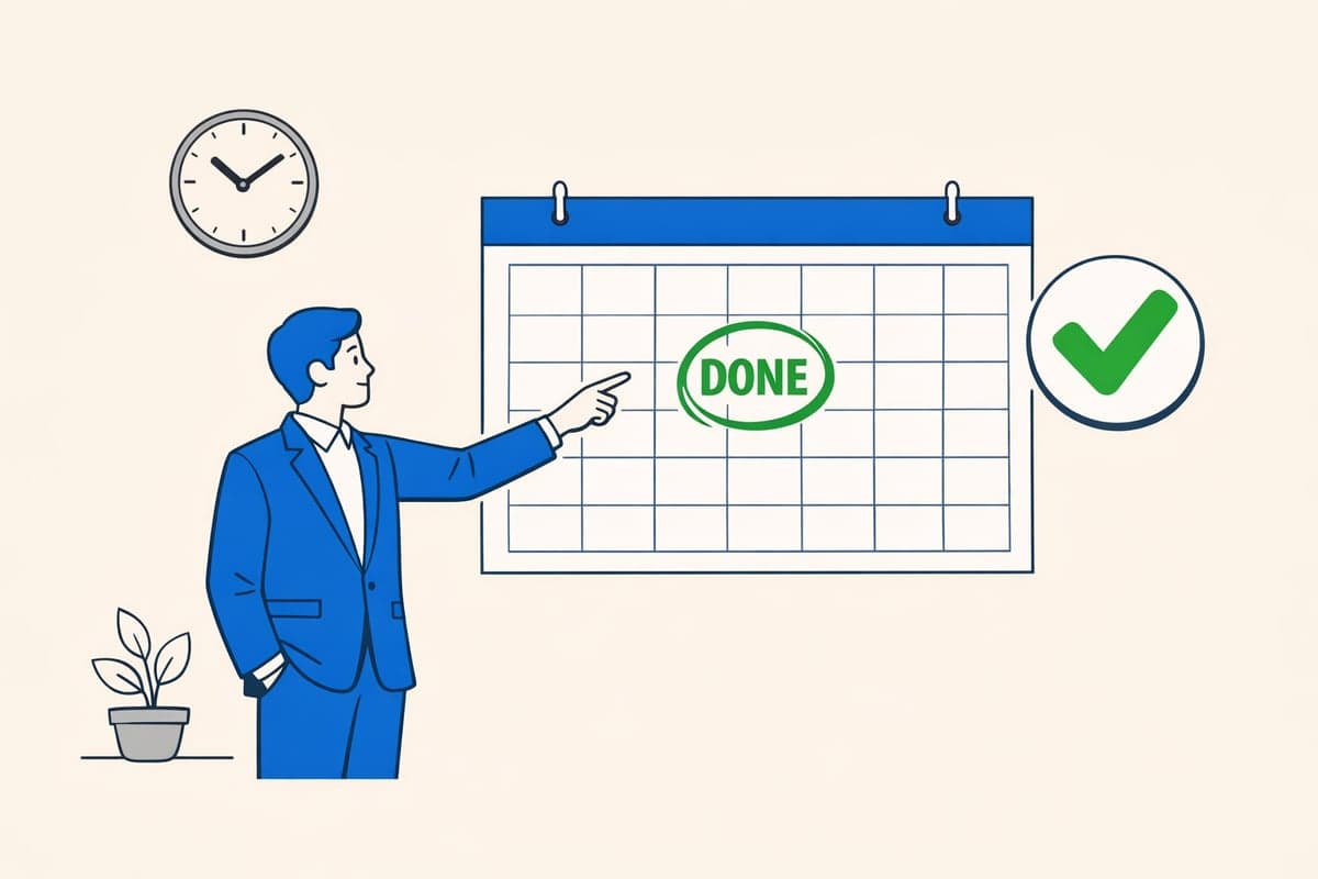 Person in blue suit pointing to a calendar with DONE circled in green, showing comfortable buffer time before the LLC publication deadline