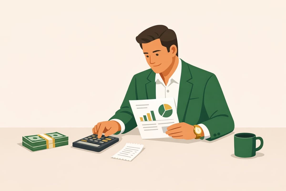 Professional illustration of financial documents and a calculator on a desk with LLC paperwork