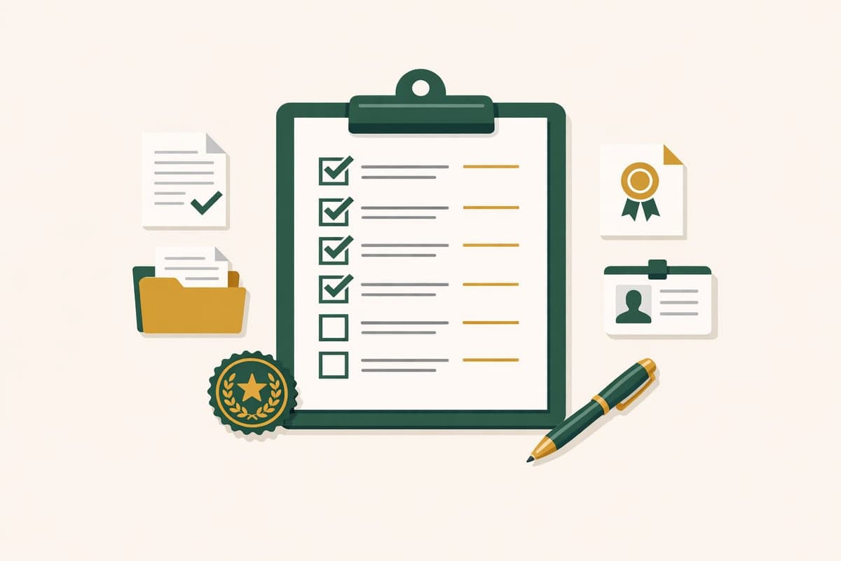 Comprehensive checklist on a clipboard with document icons, a pen, and an official seal