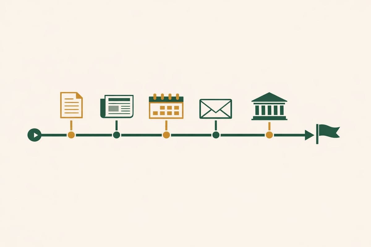 Horizontal timeline with milestone markers showing progression from start to successful completion of LLC publication