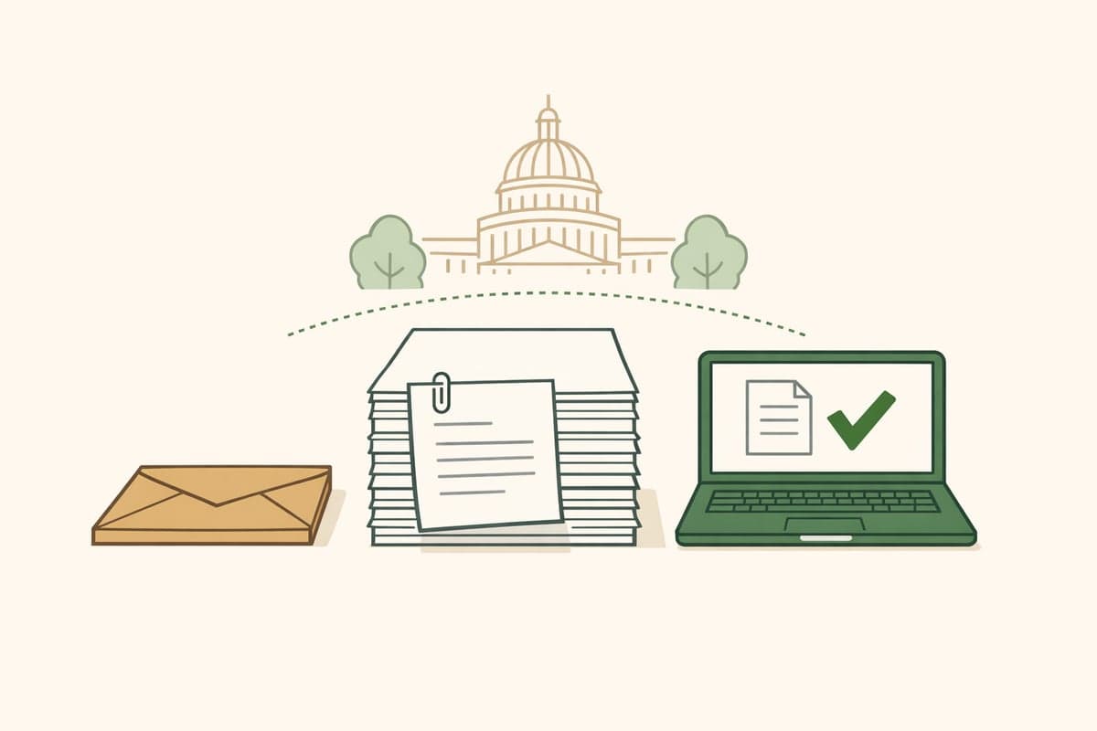 A Certificate of Publication filing package, a stack of papers with a page clipped to the front, sits between a paper envelope and a laptop showing a document with a green checkmark, under a dotted arc with a state capitol building behind