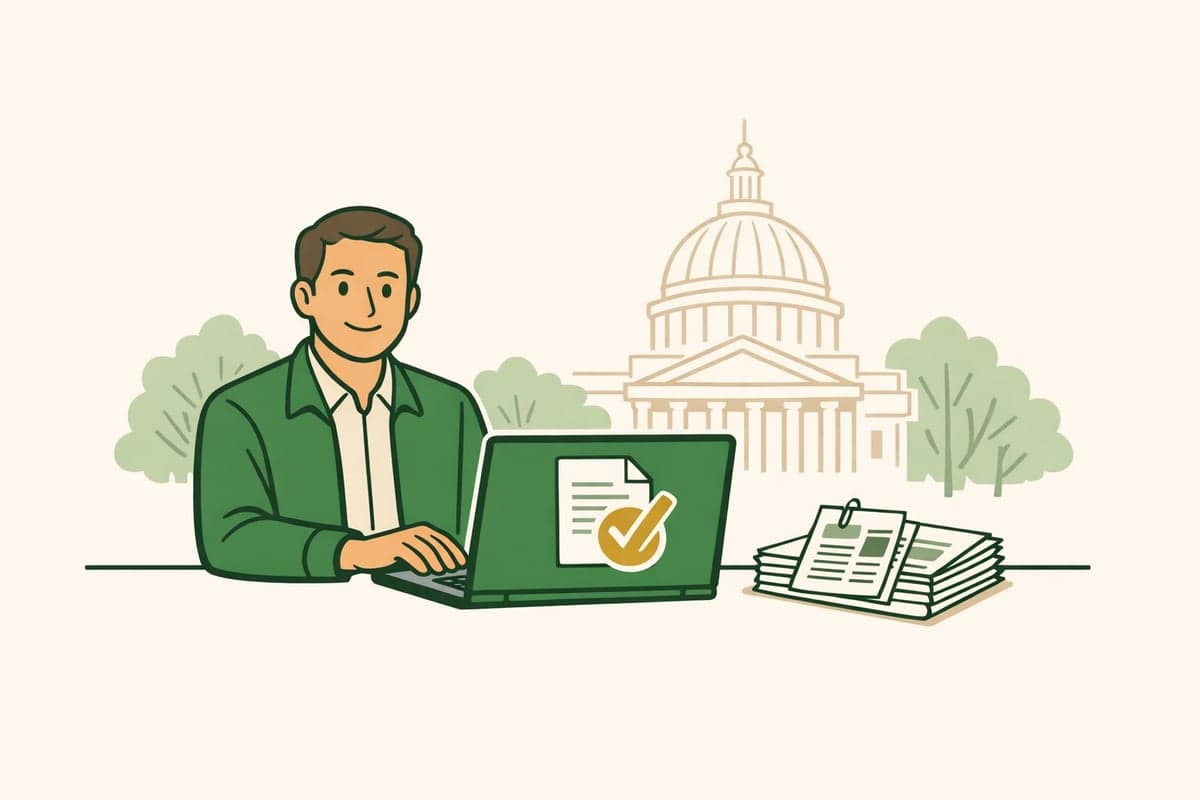 A specialist in a green jacket submits a filing from a laptop showing a document with a gold checkmark, a stack of newspaper affidavit pages beside it and a state capitol building behind