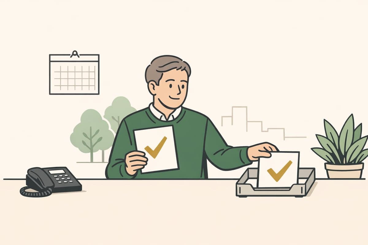 A business owner holds one checked document and sets an identical copy aside in a tray, with a telephone and a wall calendar nearby