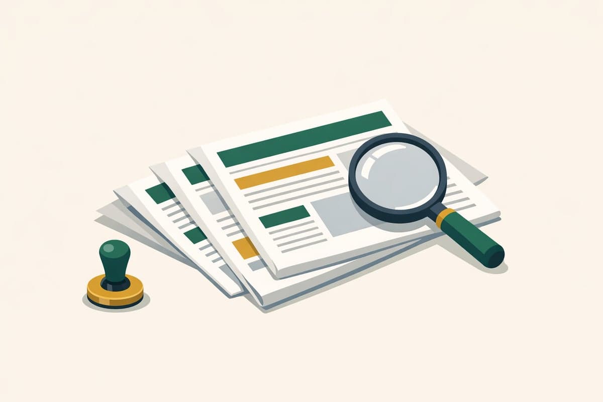 Illustration of folded newspapers on a desk with a magnifying glass and official seal