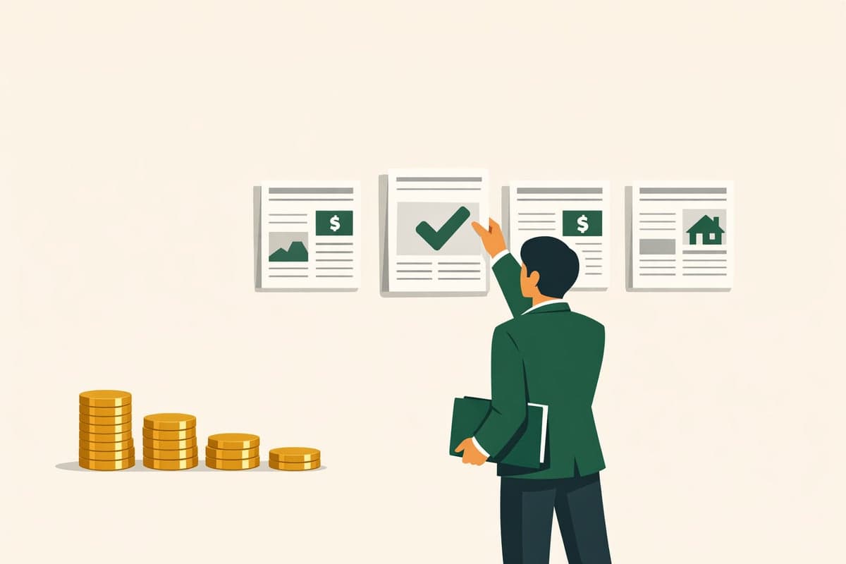 Person in professional attire selecting from newspaper options with gold coins showing cost savings