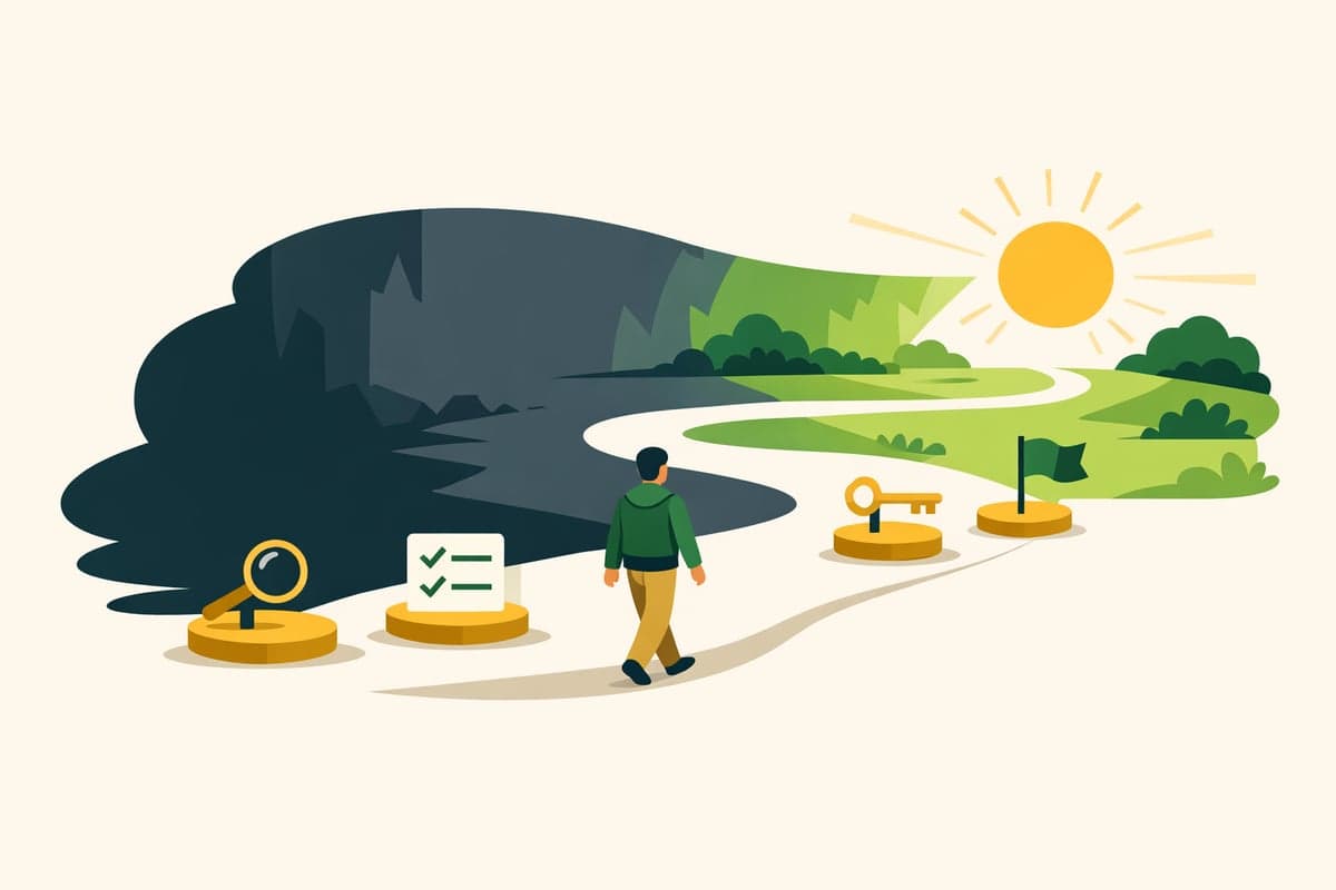 Person walking along a path from a dark area toward a bright green area, representing curing a suspended LLC status