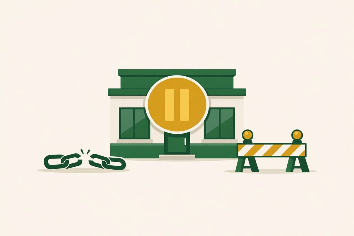Illustration of a business building with a caution symbol and roadblock representing suspended LLC authority