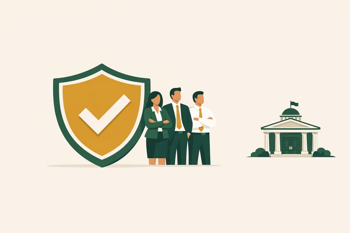 Shield with checkmark protecting business people, representing maintained liability protection despite suspension