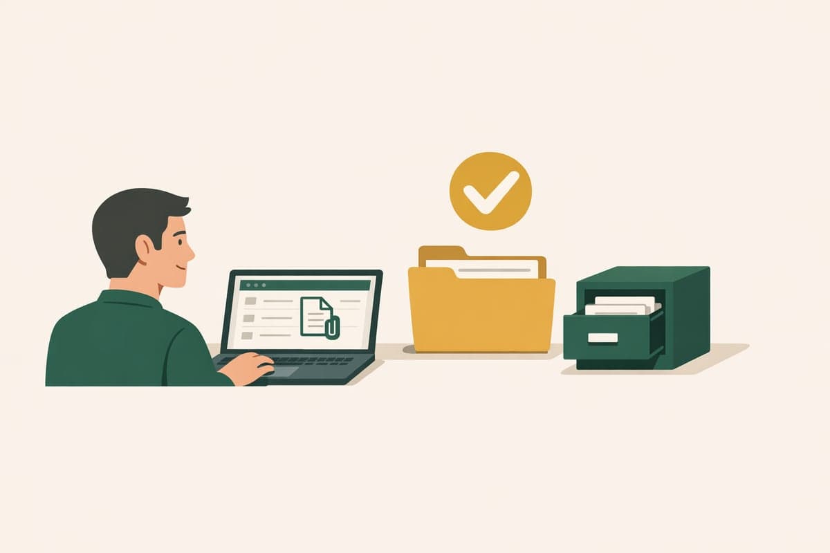 A business owner searches an inbox, a folder and a filing cabinet for a saved copy of the application