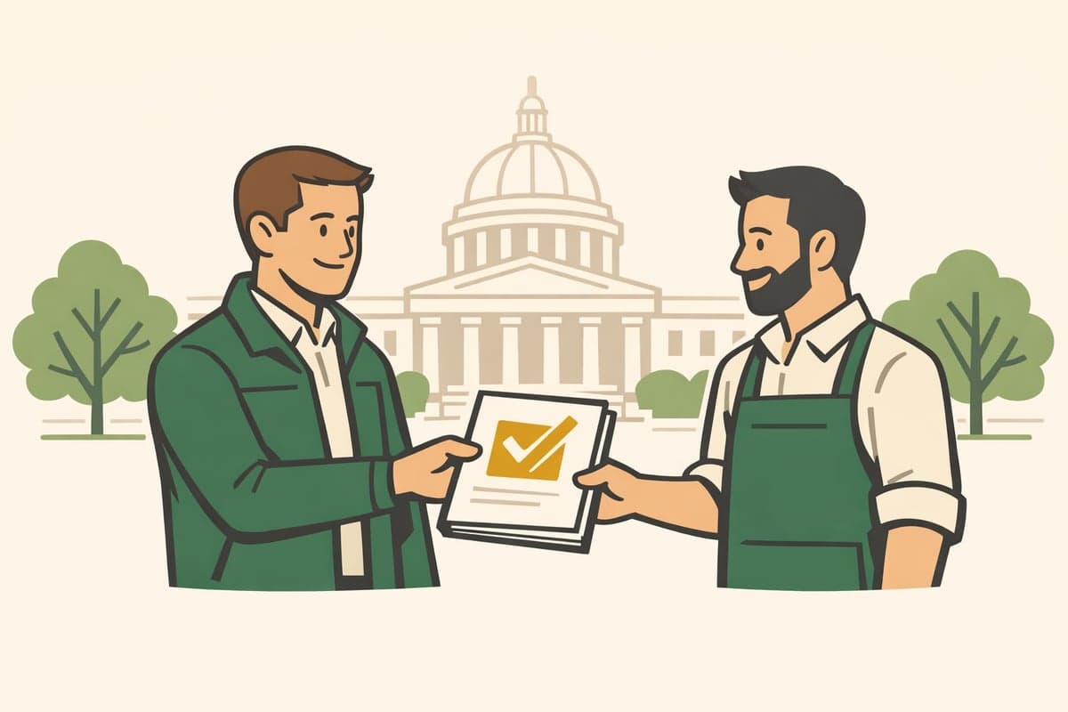 A specialist hands a business owner a bound copy of the filed application marked with a gold checkmark, a state government building behind them