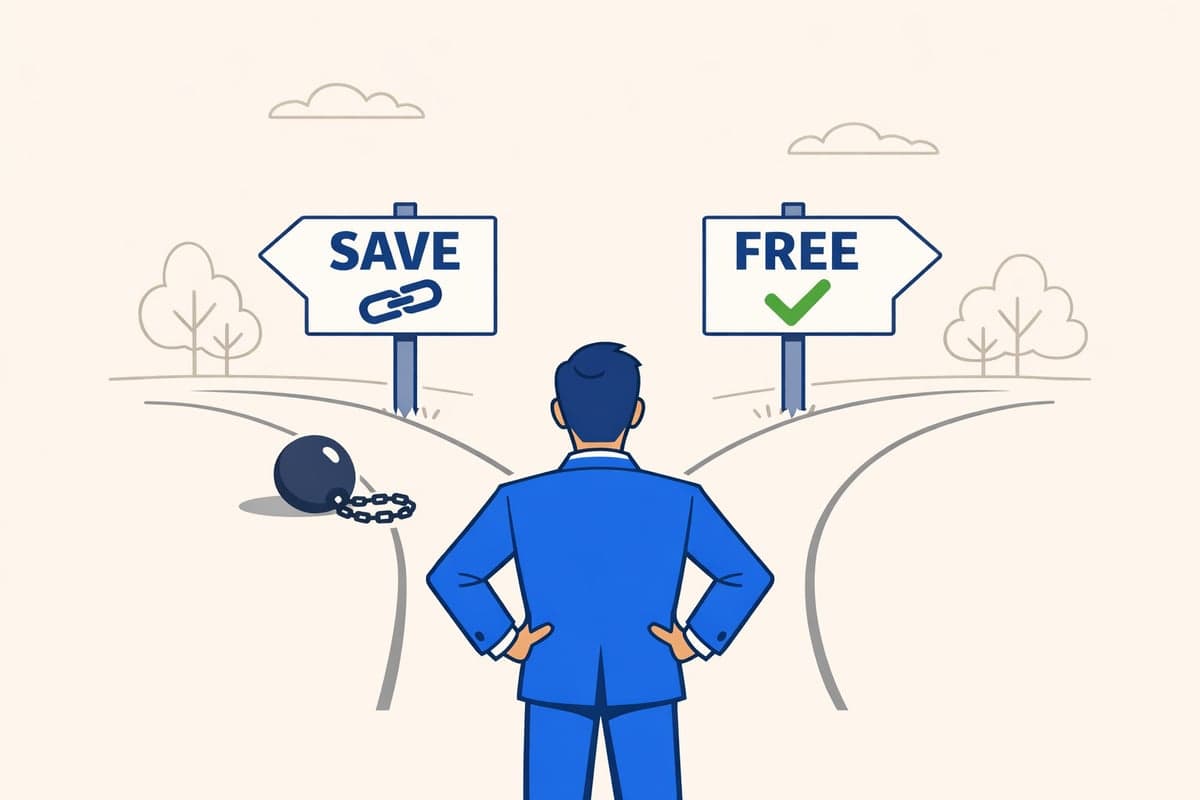Illustration of a business owner choosing between two paths — one with a chain representing ongoing fees and one leading to freedom with no recurring costs